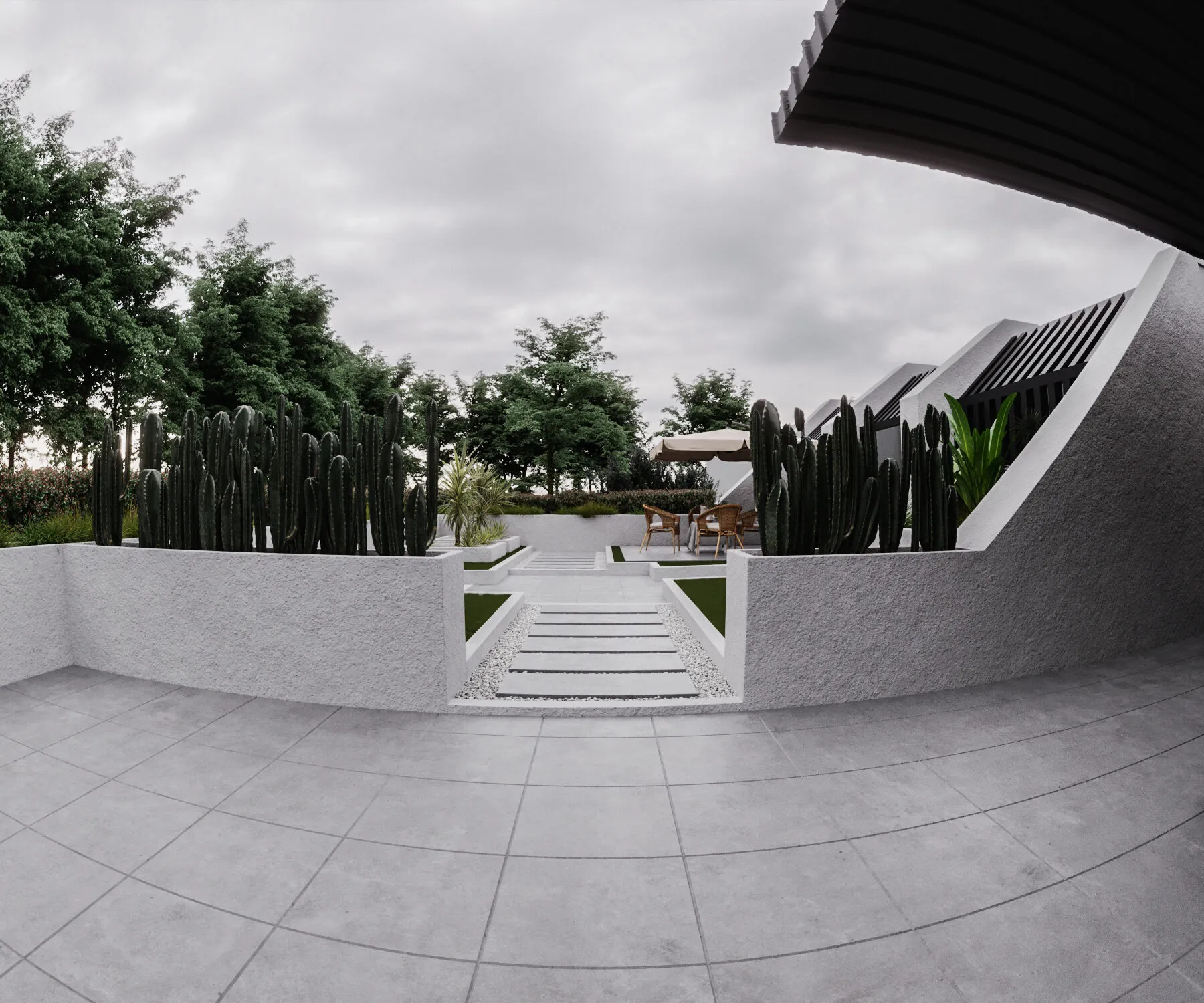 Wide-angle view of the paved entry walk lined with low white walls and black slatted screens.