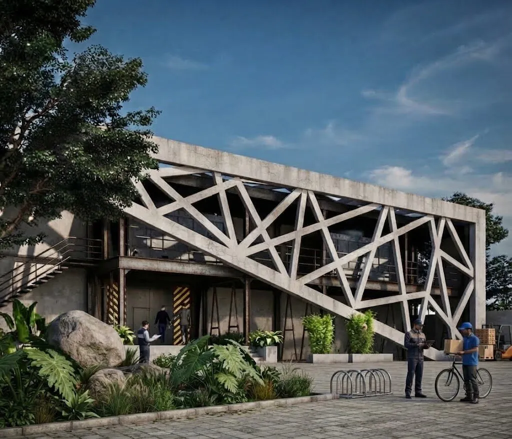 Building facade wrapped in a long concrete screen with a triangulated lattice pattern, with planting and boulders in front.