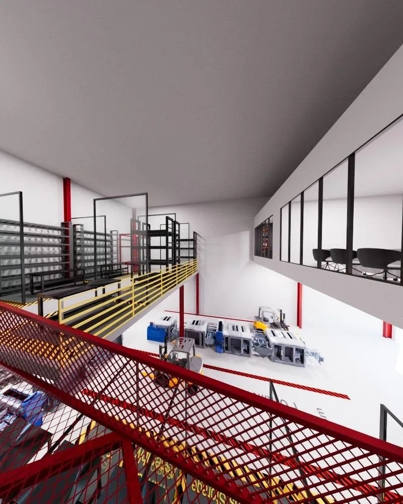 Render of the warehouse interior with a red steel mezzanine walkway, glazed upper offices and workbenches below.