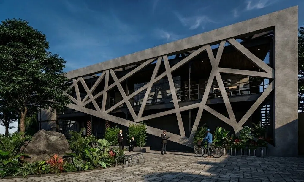 Wide view of the full length of the lattice facade and forecourt landscaping.