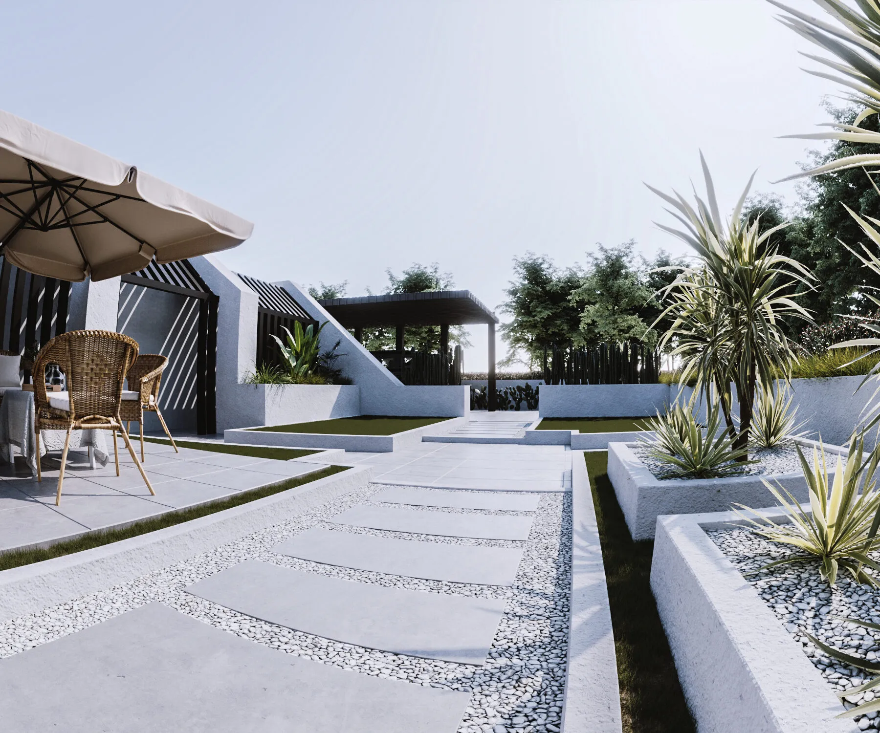 Garden terrace with stepping-stone paving, white planters, desert palms and a shaded seating area.