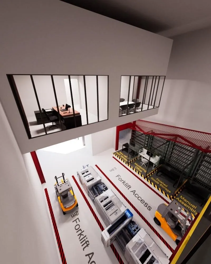 Render looking down on the fitted warehouse — glazed offices above, workbenches and a marked forklift access lane below.