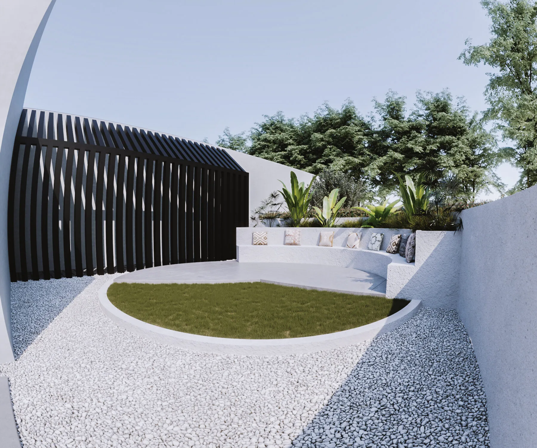 An oval lawn set into white gravel, enclosed by a black slatted screen and planting.