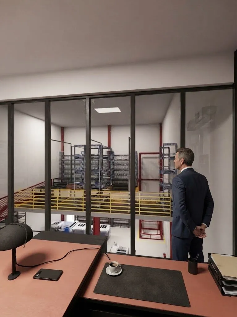 Render of a glazed office on the mezzanine overlooking the storage racks.