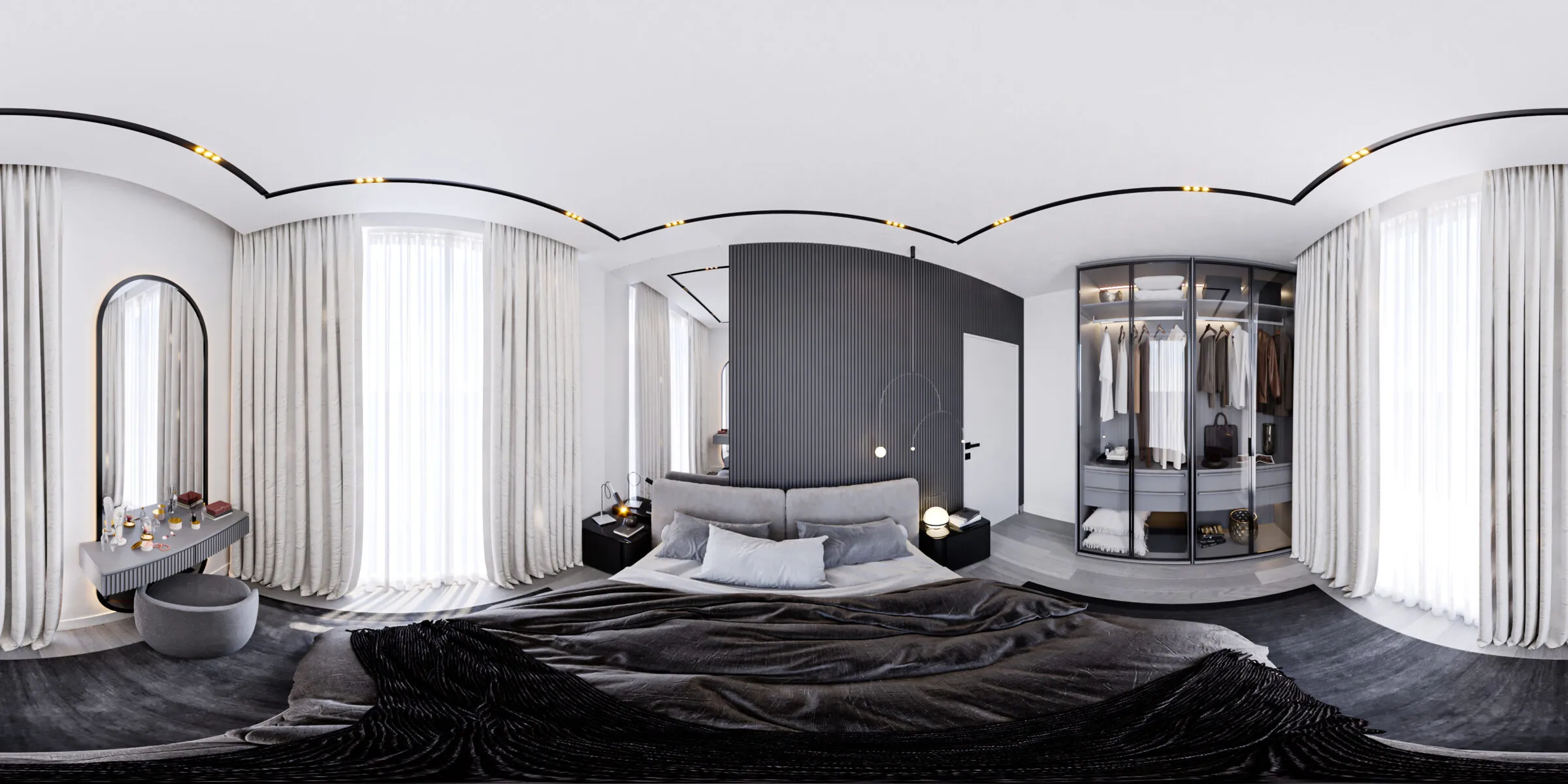 360° render of the master bedroom with a dark upholstered bed, sheer curtains and a glazed walk-in wardrobe.